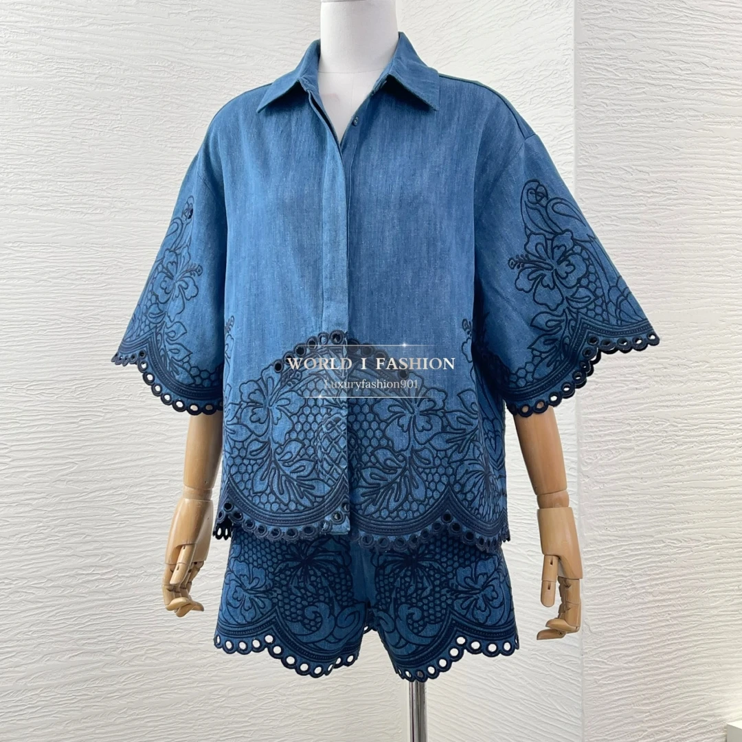 

New Collection Navy Blue Embroidery Half Sleeve Ruffles Frilled Blouse Tops and Shorts Set