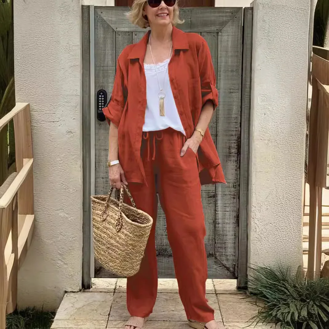 

Summer Women's New Casual Solid Color Shirt Top Set Women's Fashion Long Sleeve Button Top Wide Leg Pants Two-Piece Trousers Set