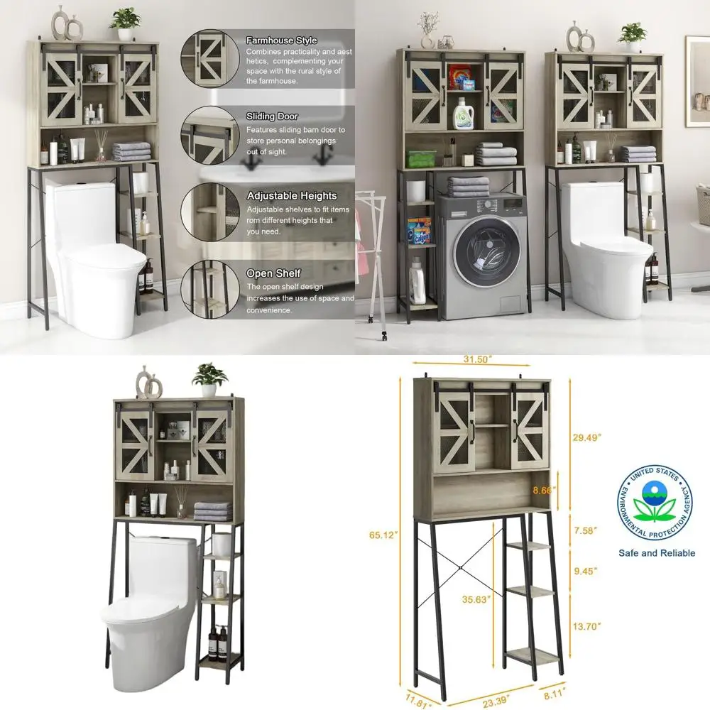 Space-Saving Grey Toilet Storage Cabinet with Sliding Barn Door for Bathroom & Laundry