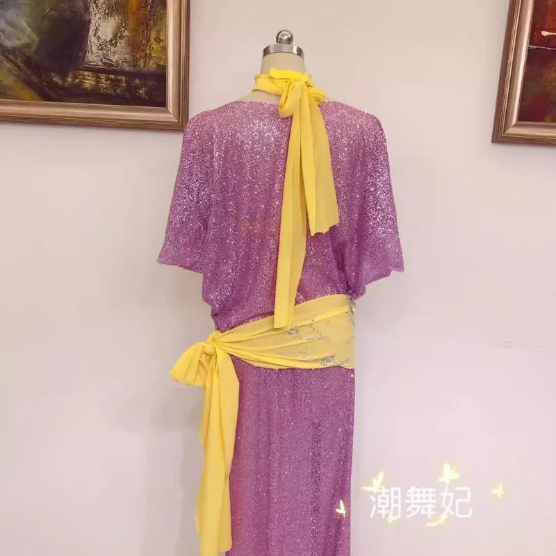 Trajes de dança do ventre personalizados, traje de performance, vestido de grupo, rosa brilhante, robe folclórico, vestidos longos para mulheres