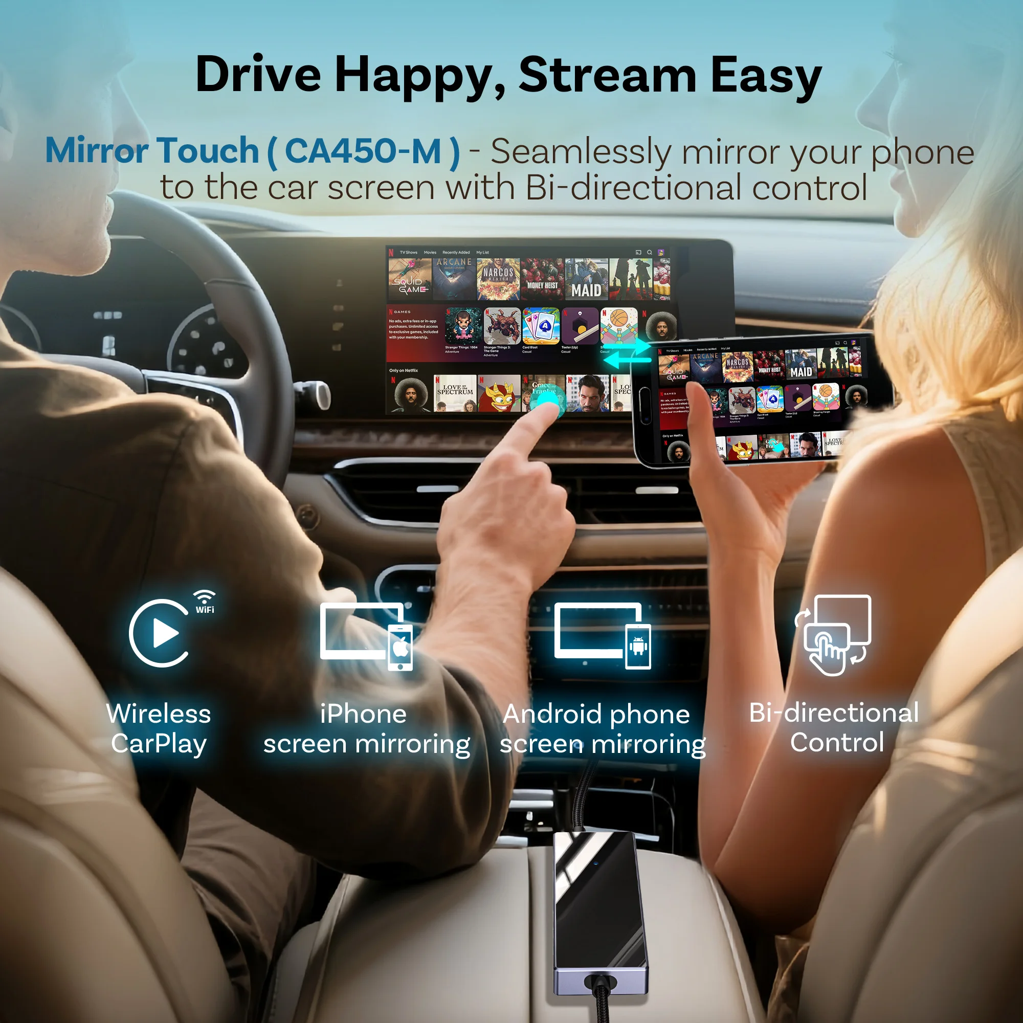 Bi-directional Mirror-Touch Control Adapter Wireless CarPlay for iOS Android Mirror Car Accessories Spotify 27W Fast Charging