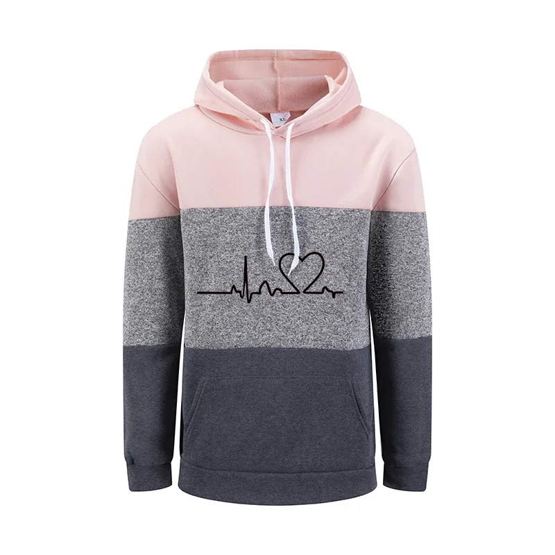 뜨거운 판매 여성 후드 하트 인쇄 캐주얼 스웨터 스포츠 조깅 탑 홈 따뜻한 컴포트 스플 라이스 여성 의류 가을