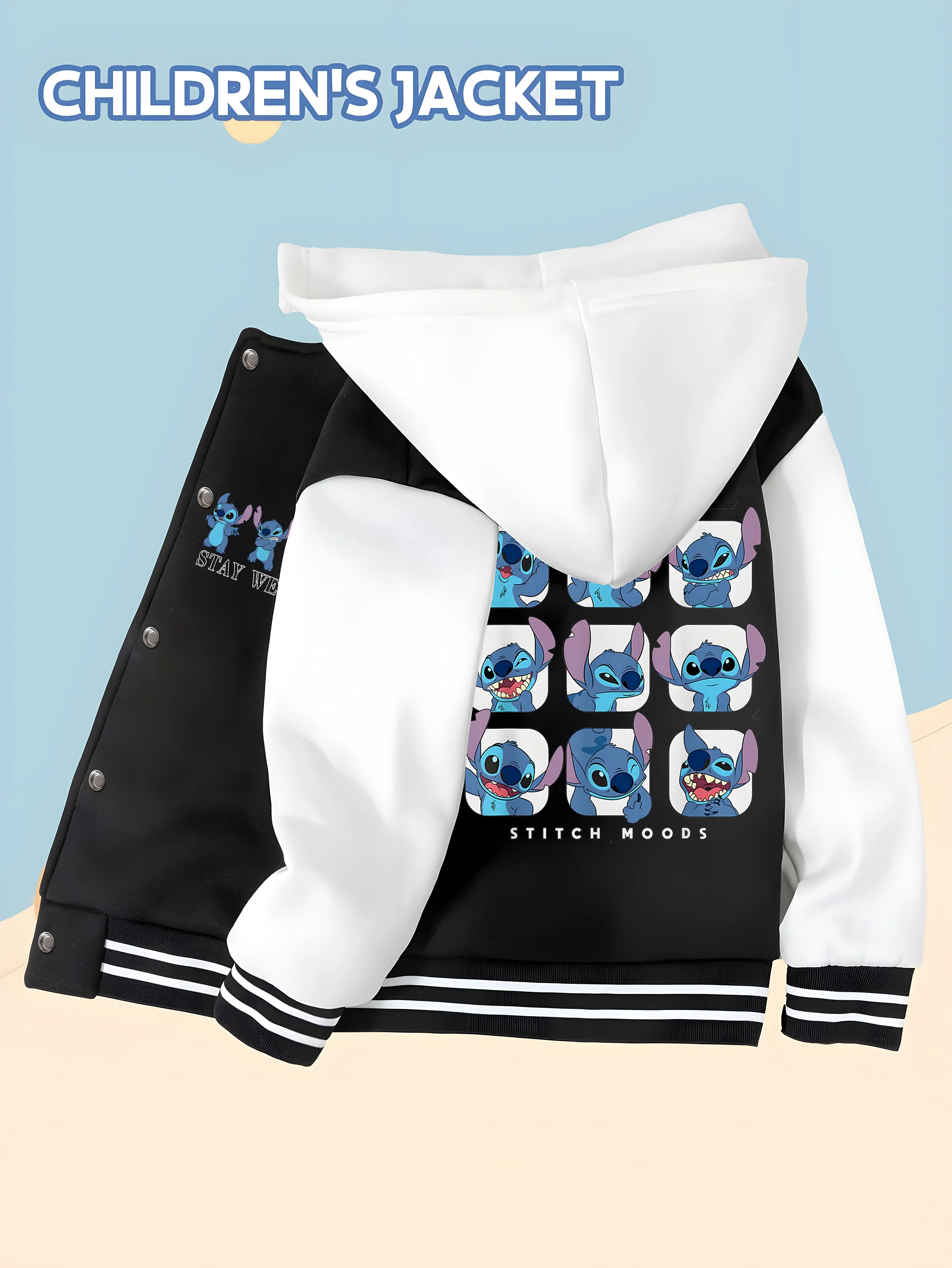 

MINISO Disney Boys' Baseball Jacket - Stitch "MOODS" Expression Pack Style, Double-sided Print, Perfect for Everyday Casual Wear