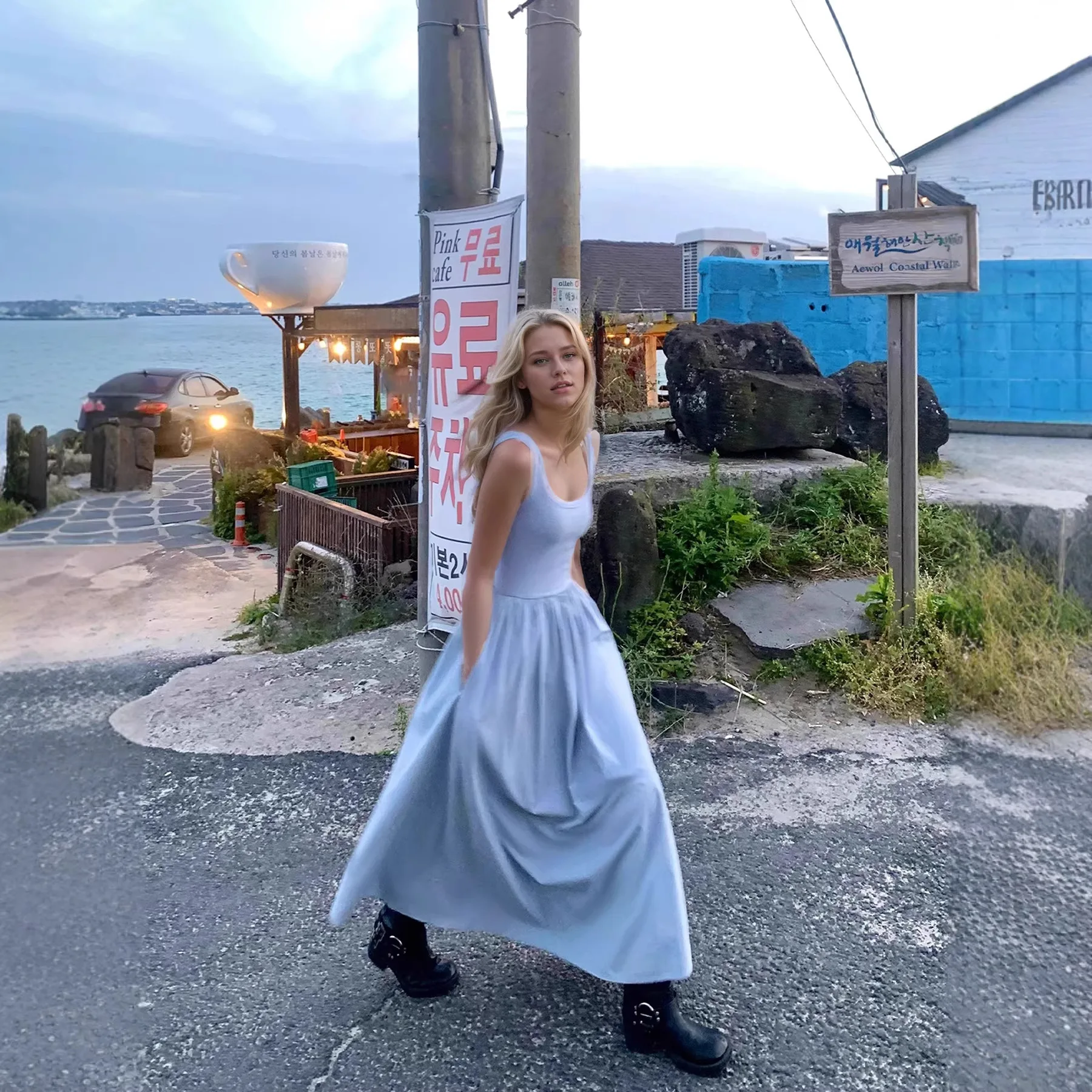 

2026 Square Collar Knitted Vest Dress Women's Waist and Thin Temperament Sleeveless Long Dress