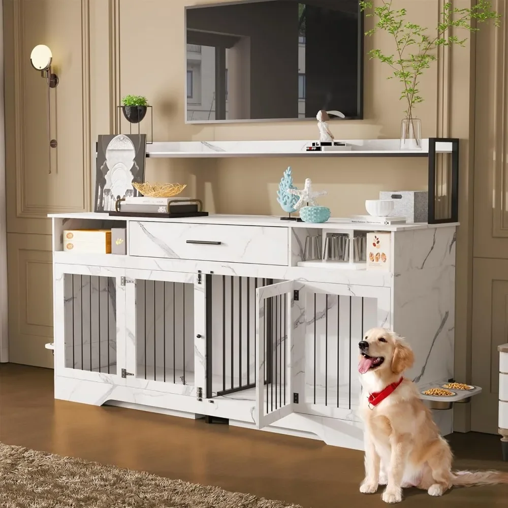 

65.7" Dog Kennel Table, Dogs Crate Furniture with 4 Rotating Bowls, End Table Dog Crate Cage Furniture Wooden for 2 Dogs