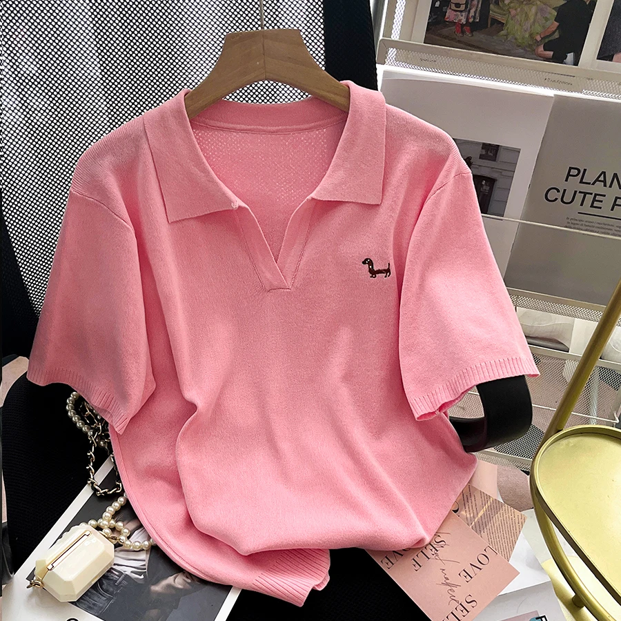 2025 Summer Fashion Flip Collar Short Sleeve T-shirt for Women's Casual Polo Collar Thin Knitted Shirt Tops Female Pullover Tops