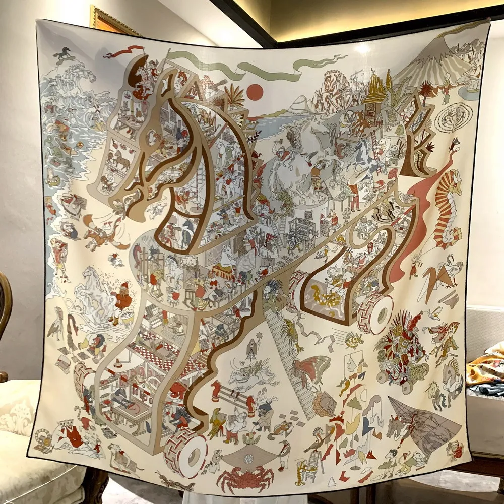 

High-end And Elegant Women's Exquisite Art Horse Printed Quality Silk and Wool Hand-rolled Edges Warm Large Square Scarf Shawl
