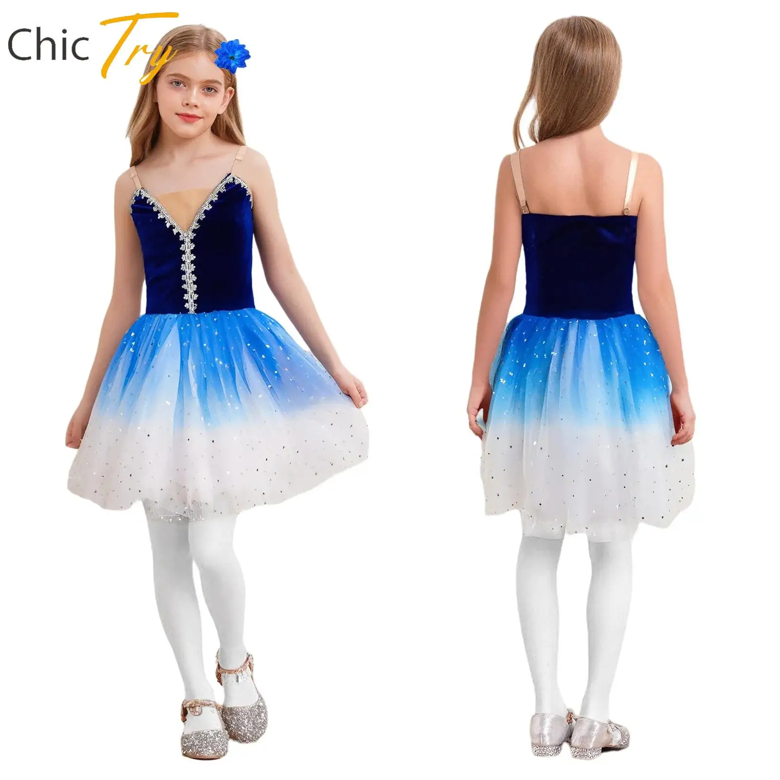 

Kid Girl Sparkly Sequined Ballet Dance Princess Dress Sleeveless Velvet Bodice Tutu Set Ice Skating Gymnastics Dancewear Outfits