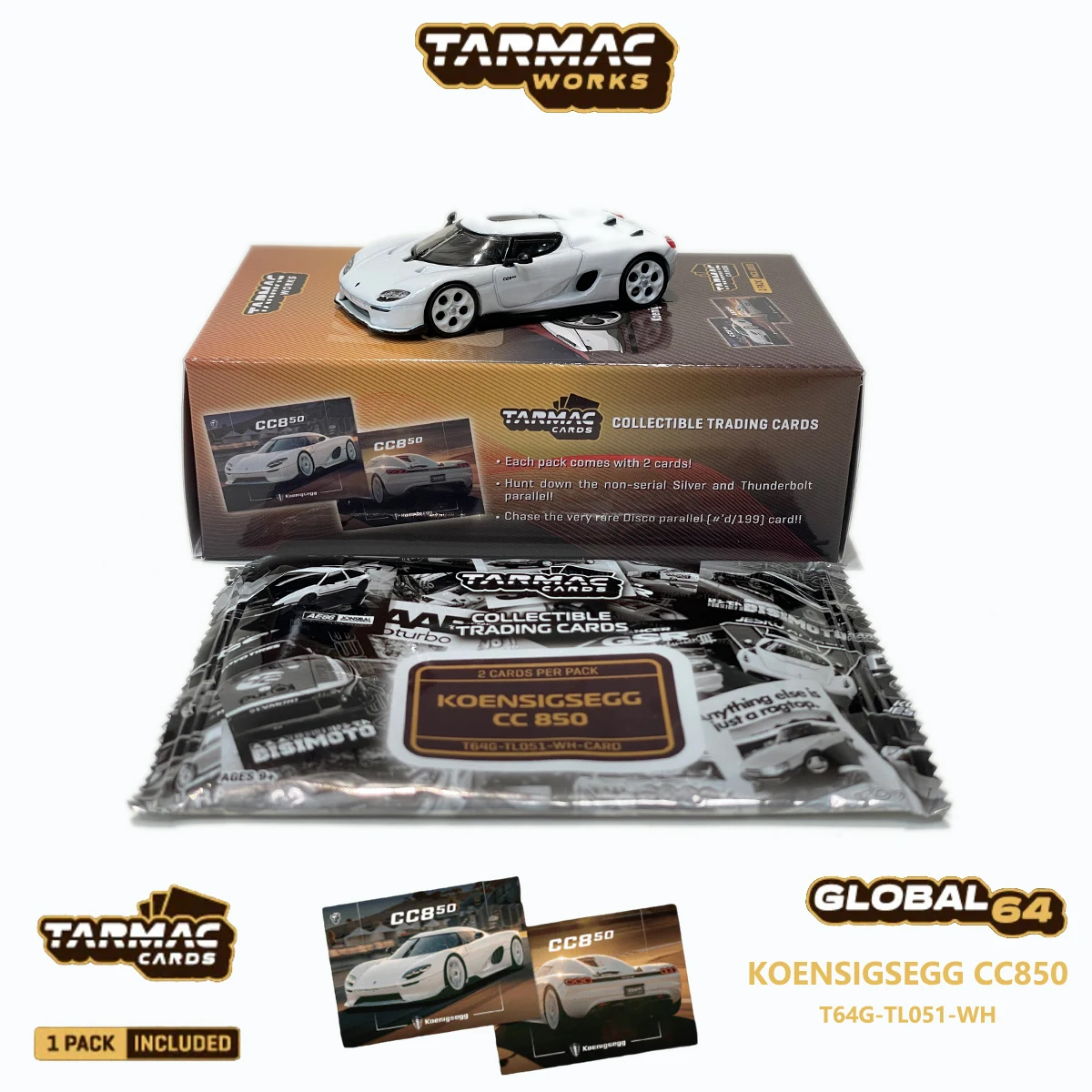 In Stock Tarmac Works 1:64 Koenigsegg CC850 Gloss White Hypercar with Trading Card Pack Diecast Car in Stock T64G-TL051-WH