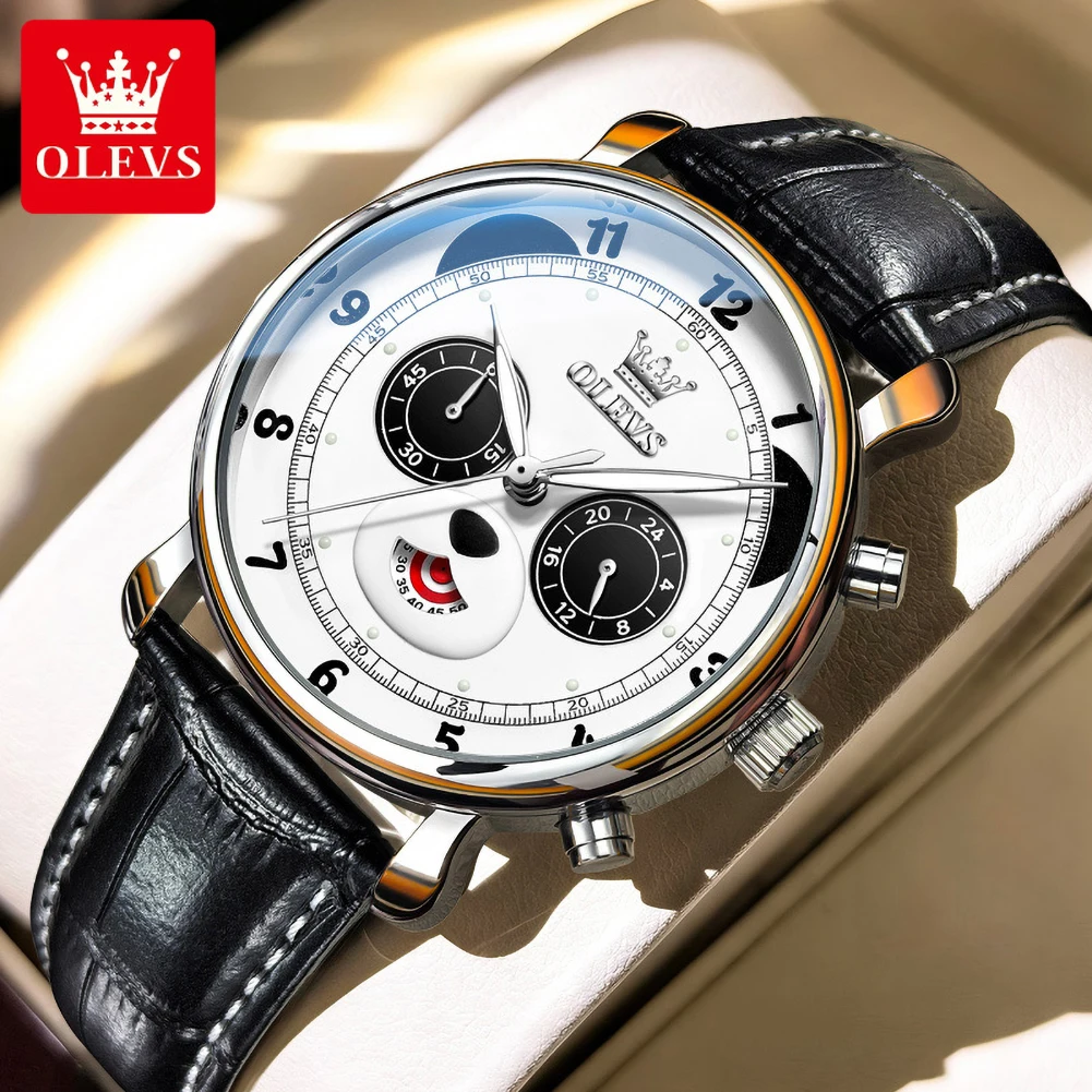 OLEVS 3753 Man Watch Fashion Panda Eye Multifunction Quartz Watch for Men Original Leather Strap Waterproof Luminous Chronograph