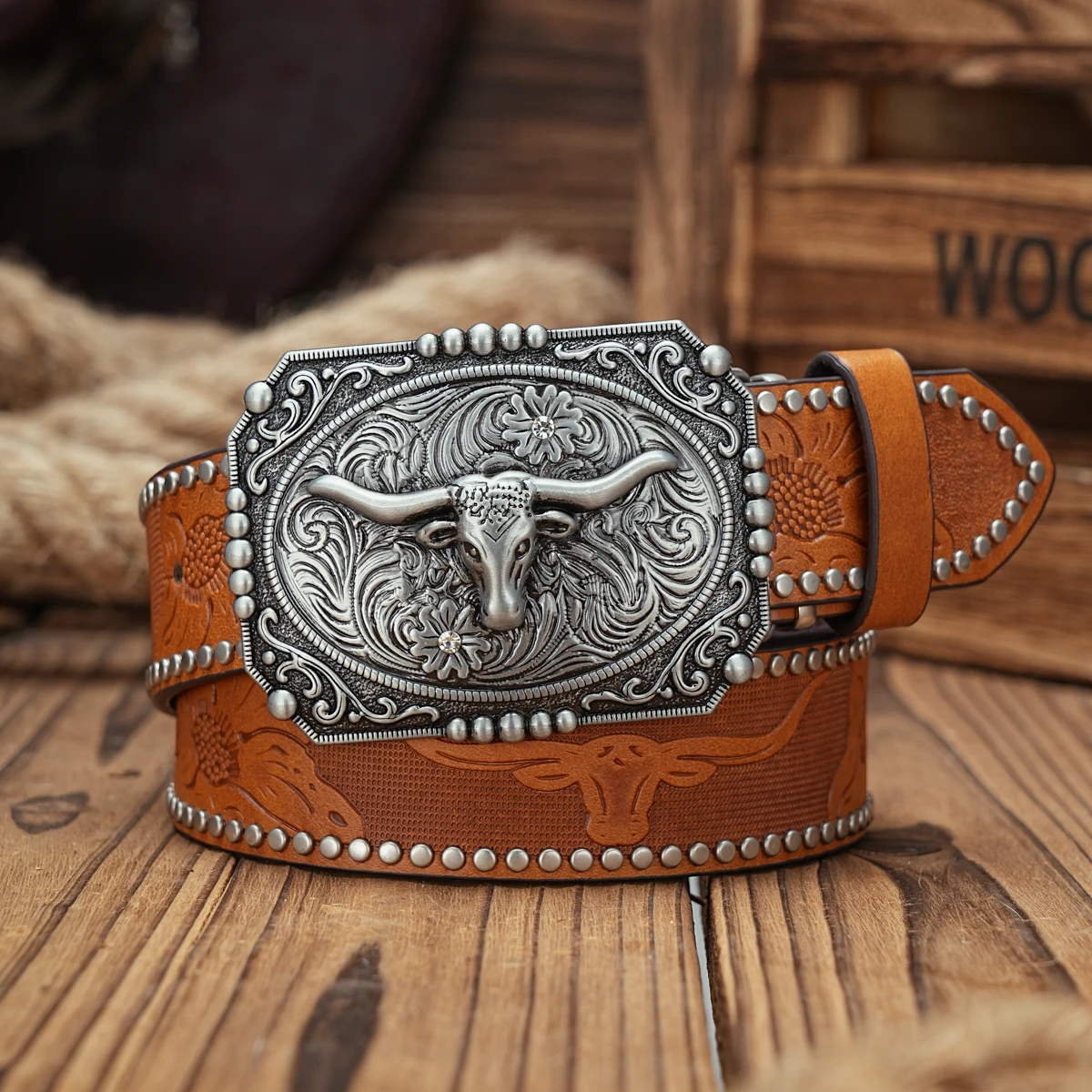 Men & Women-Western-Cowboy-PU Leather-Belts - Vintage horse Belt Floral Engraved Buckle Belt for Jeans