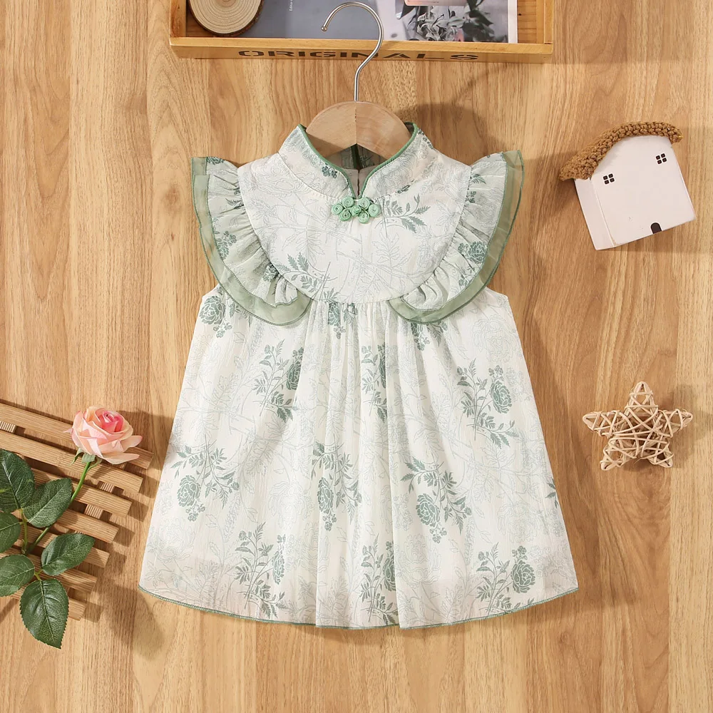 Summer girl dress baby girl full of rose print small flying sleeves standing collar Chinese style qipao dress