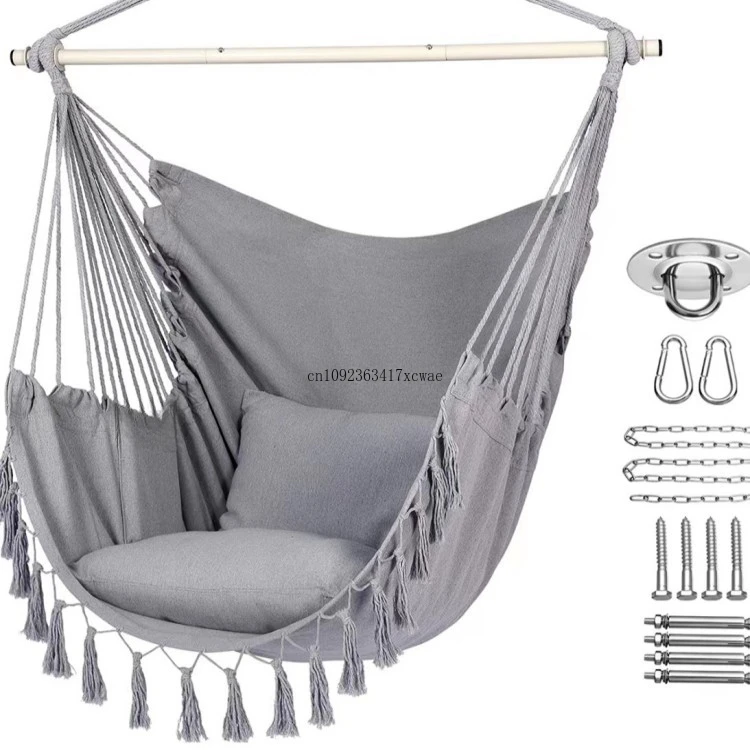 3-Section Folding Rod Canvas Hanging Chair Outdoor Camping Beach Swing Reinforced Iron Pipe Fringed Hammock Leisure