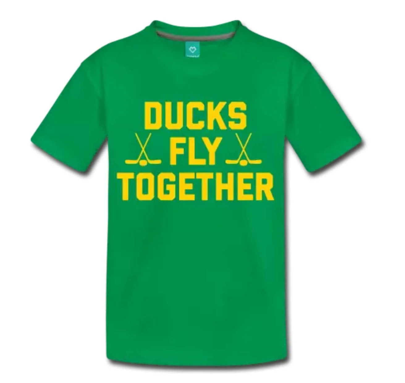 

Ducks Fly Together Children s T Shirt Design Green with Gold Print