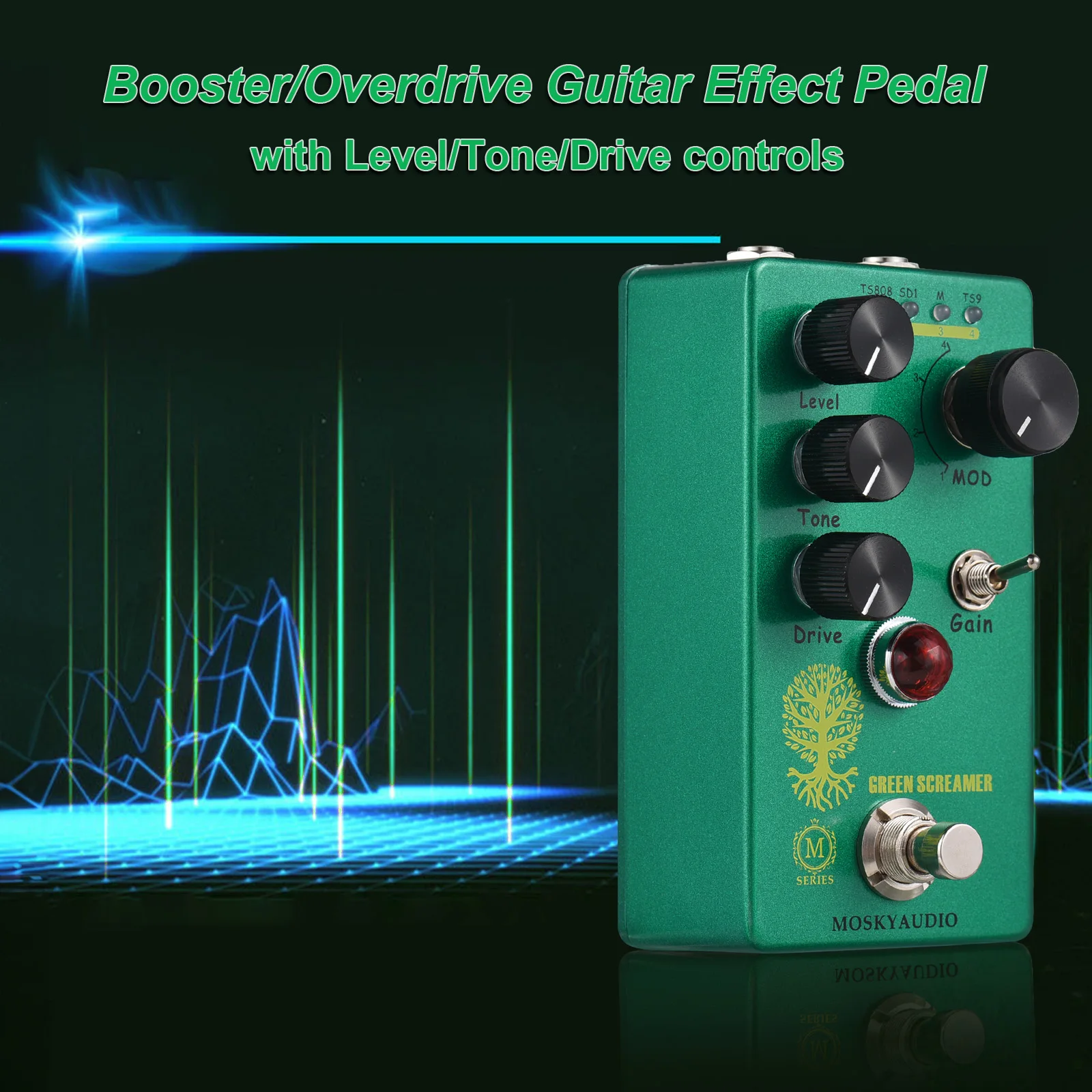 MOSKYAudio Booster/Overdrive Guitar Effect Pedal 4 Mode Switch & Level/Tone/Drive Controls Compact for Guitars - GREEN SCREAMER