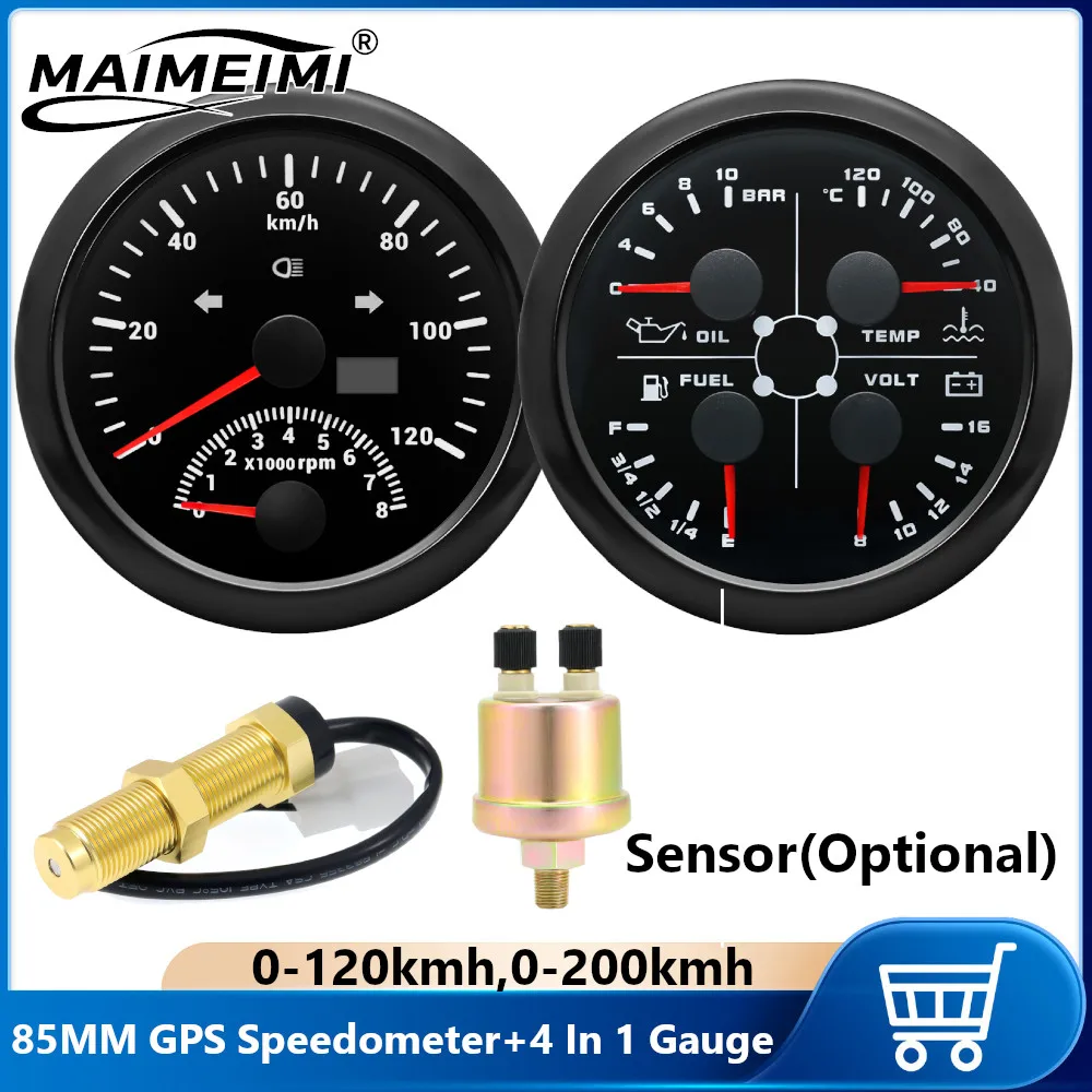 Dual Gauges Set 85MM GPS Speedometer Gauge 120kmh 200kmh & 4in 1 Fuel Level + Volt + Oil Press + Water Temp Meter For Marine Car