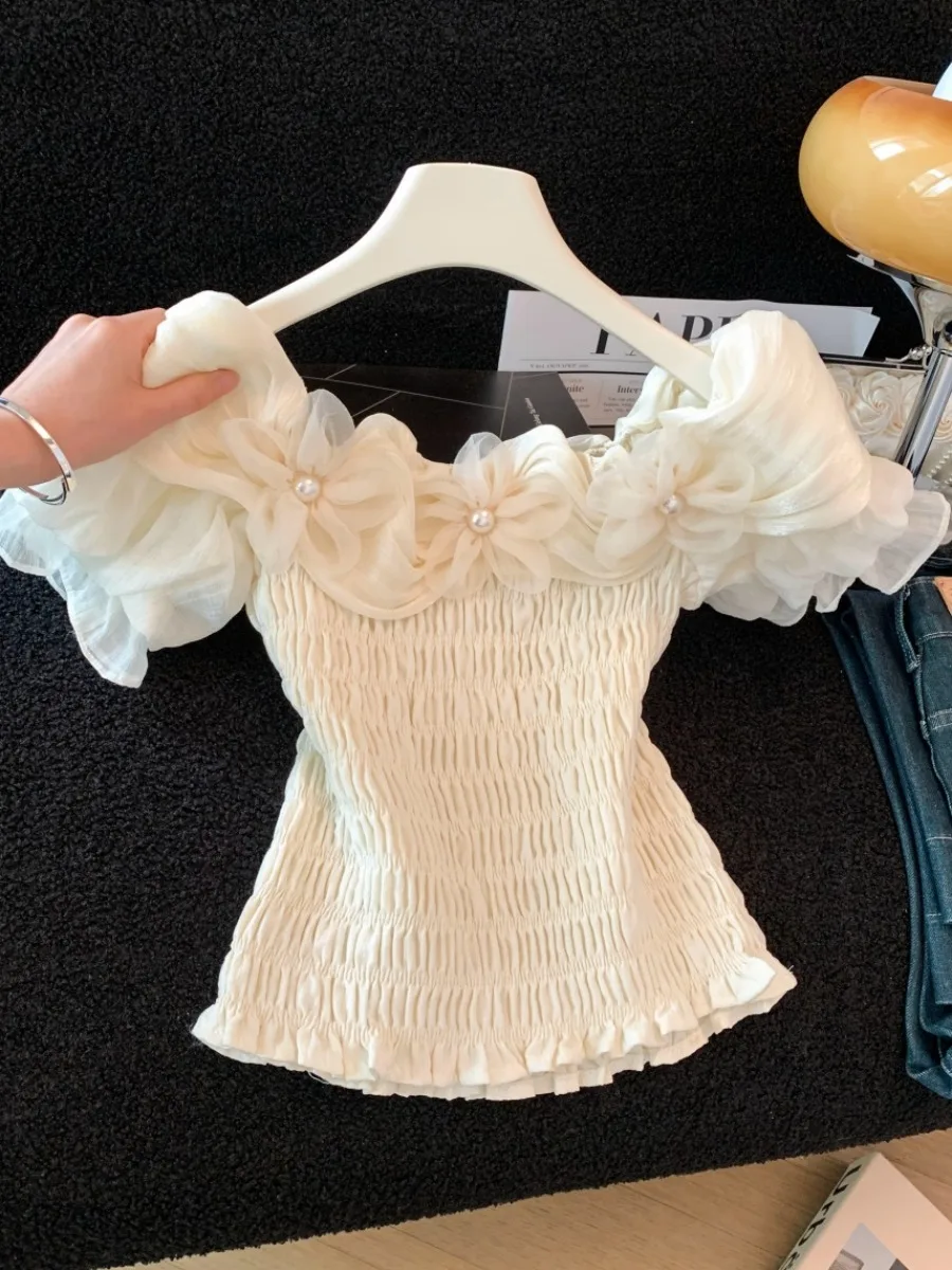 

Summer Elegant Beautiful Pure Desire Beaded Mesh Splice One Shoulder Women's Shirt Sweet Style Gathered Waist Top