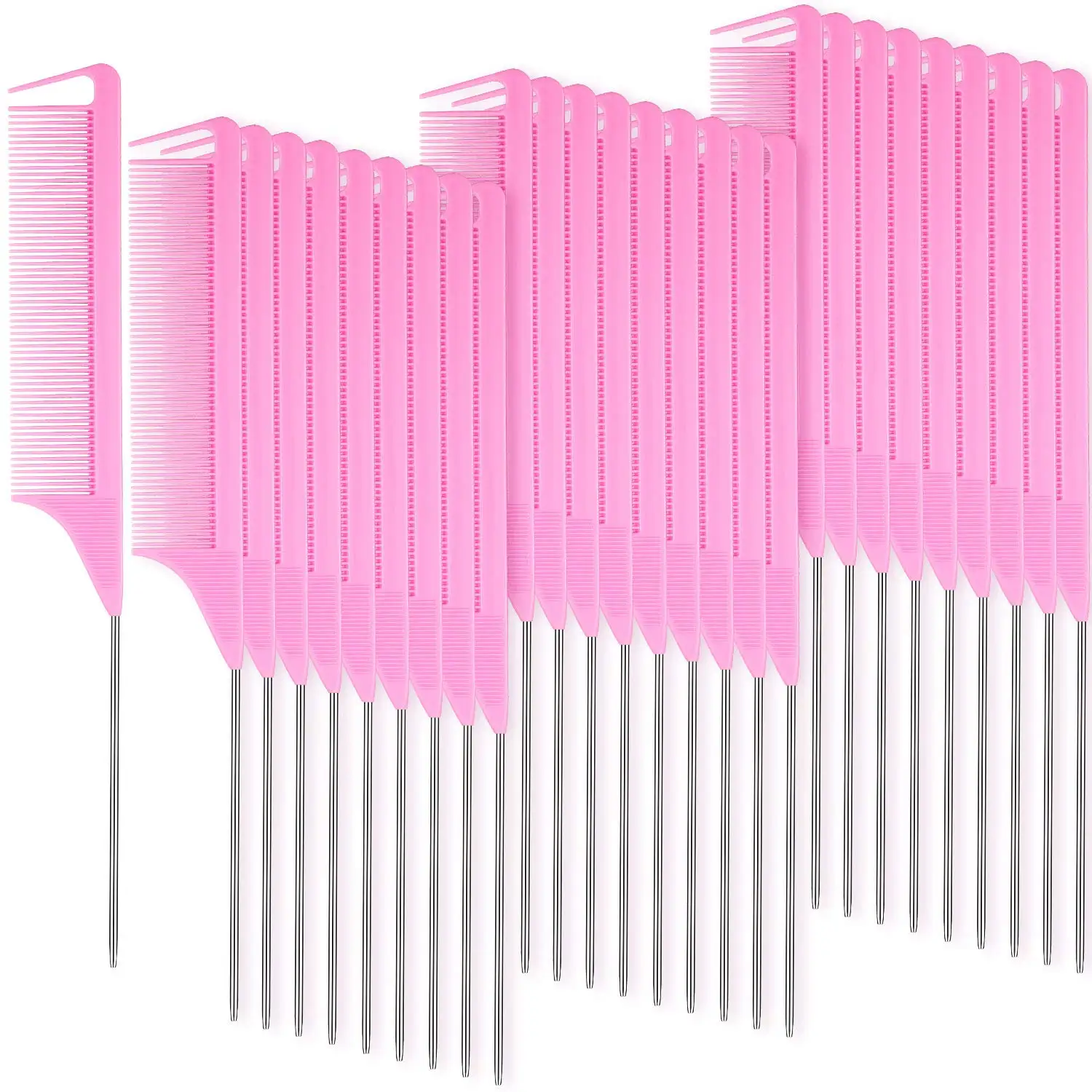 

30-Piece Steel Needle Rat Tail Comb Set, Carbon Fiber Heat-Resistant Fine-Tooth Styling Tool for Salon Professionals (Pink)