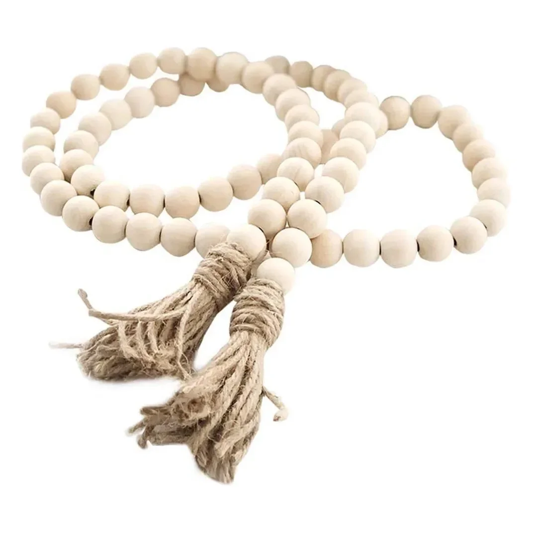 Farmhouse Beads 58in Wood Bead Garland with Tassels Rustic Country Prayer Boho Big Wall Hanging Ornaments DIY Deco Supplies Tool