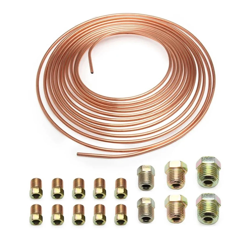 25ft 3/16 Inch Copper-Nickel Alloy Brake Line Replacement Tubing Coil Automotive Fitting Kit with 16 Fittings Included