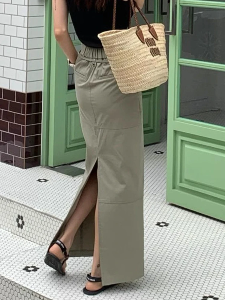 Gonna lunga elegante a vita alta con coulisse Gonna longuette da lavoro a trapezio da donna Orlo asimmetrico Effetto dimagrante Estate Versatile