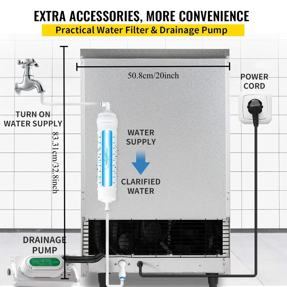 Macchina per il ghiaccio commerciale 110 V, macchina per il ghiaccio commerciale 155 libbre/24 ore con contenitore da 39 libbre e pompa di scarico elettrica, filtro dell'acqua,