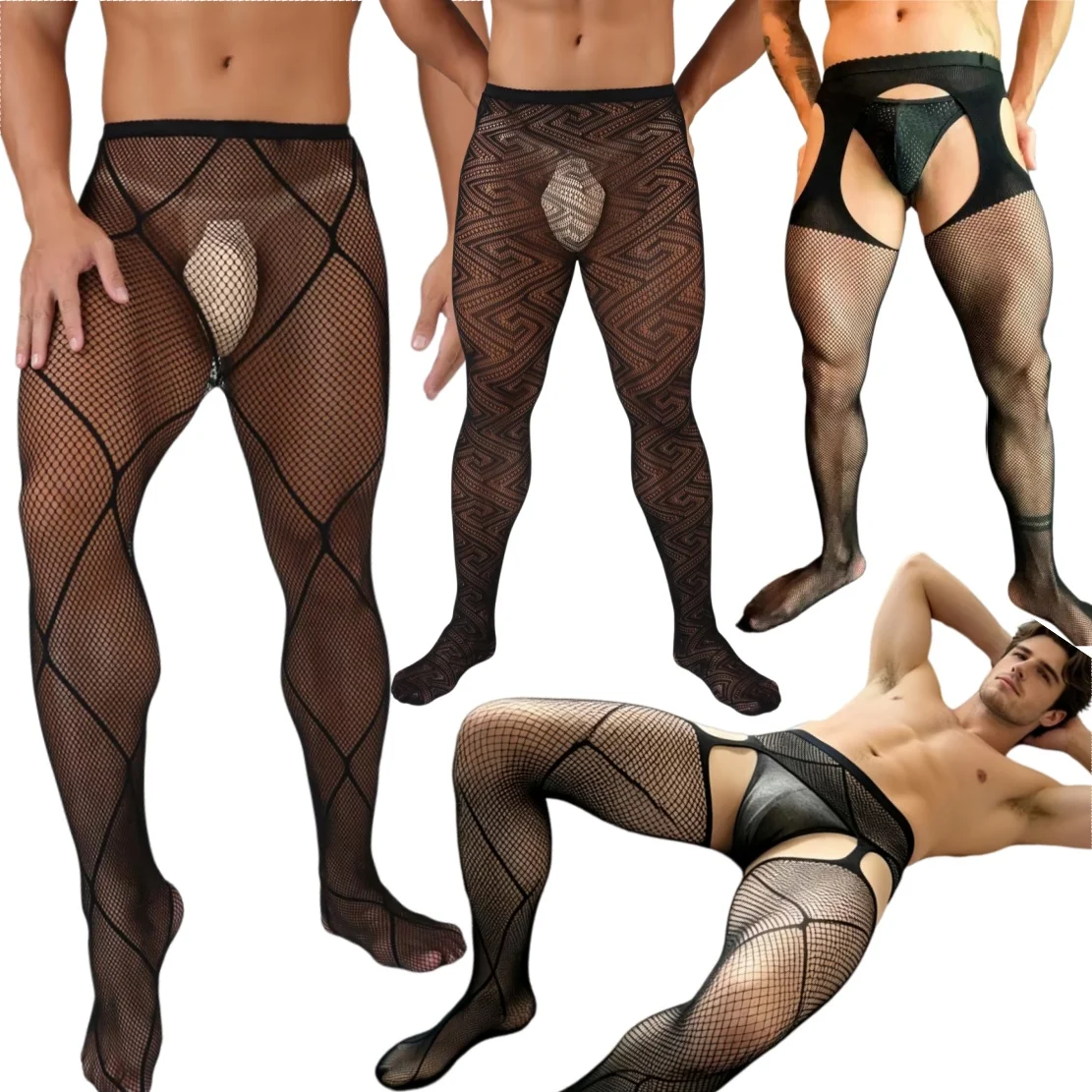 Sexy Lingerie Hot Men Fishnet Pantyhose Elastic Mesh Tights Black See Through Mesh Stockings Male Underwear For Party Wear