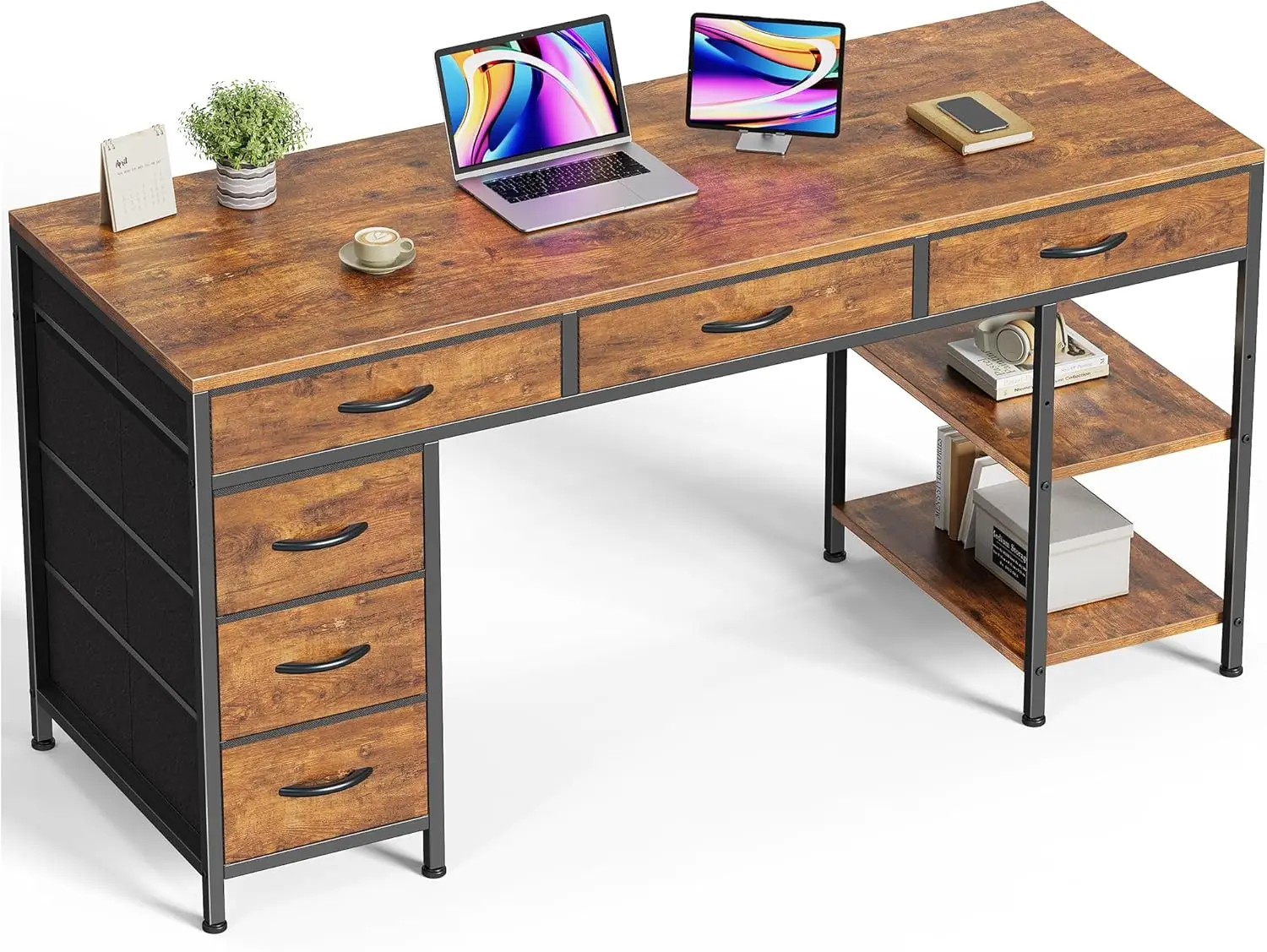 54-Inch Reversible Computer Desk with 6 Drawers and Shelves, Rustic Brown for Home Office, Gaming, or Study
