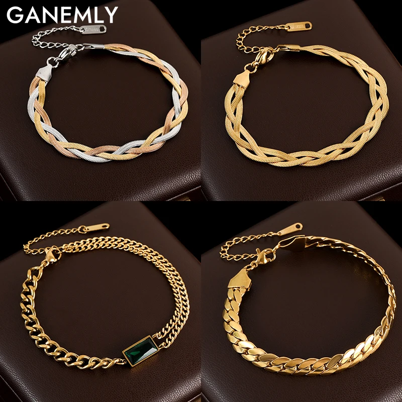 GANEMLY Trendy Black Zirconia Bracelet Bangle Stainless Steel Crossover Wrist Chain Waterproof Jewelry For Women Girl Party Gift