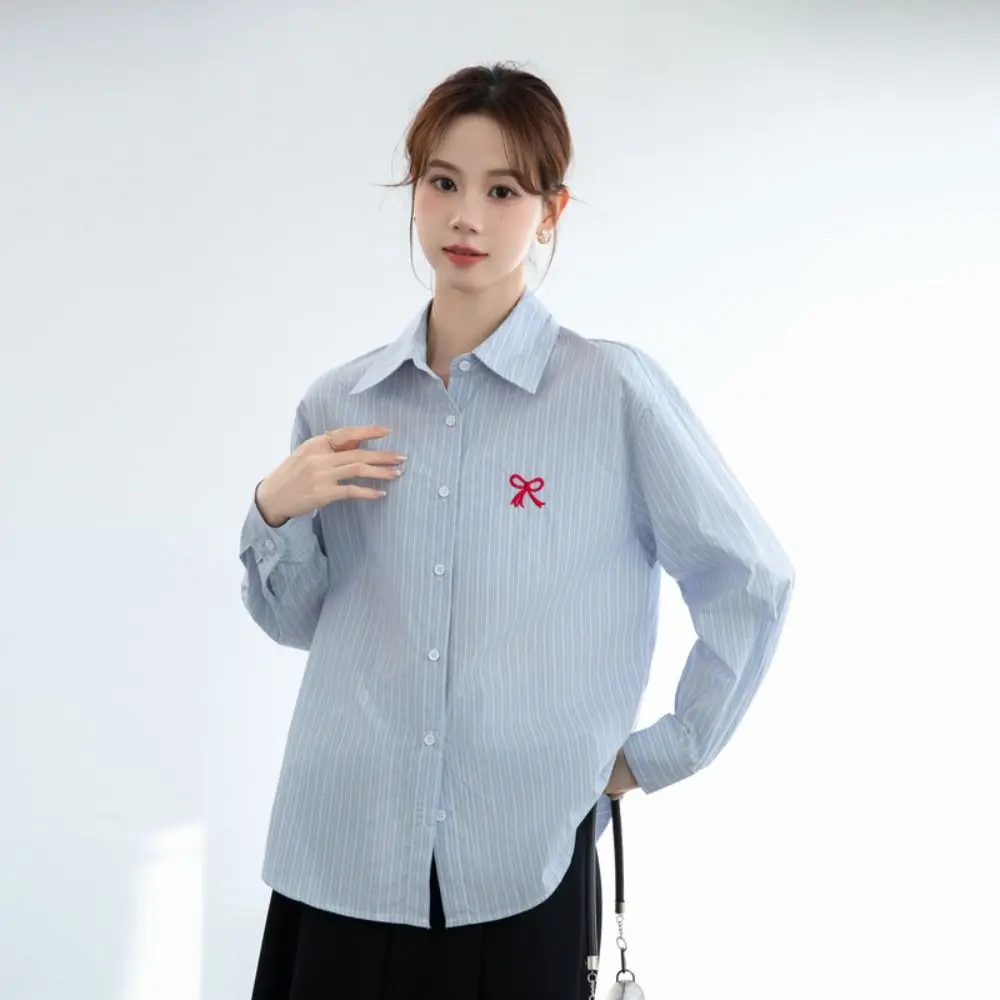 Y2K Striped Button Up Shirts Preppy Style Embroidery Bowknot Stripe Blouse Women Spring Autumn Loose Long Sleeve Blouse Girls