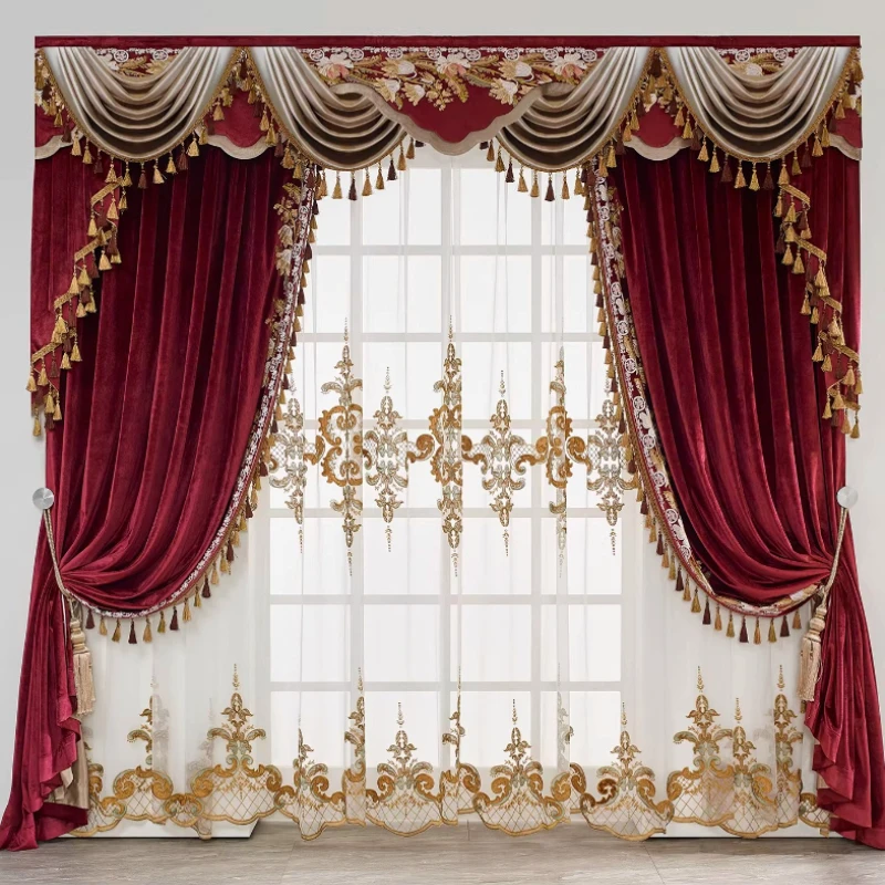 European Curtains Living Room Luxury and Atmospheric Villa French Bedroom Velvet Hot Stamping American High-end High-end Palace