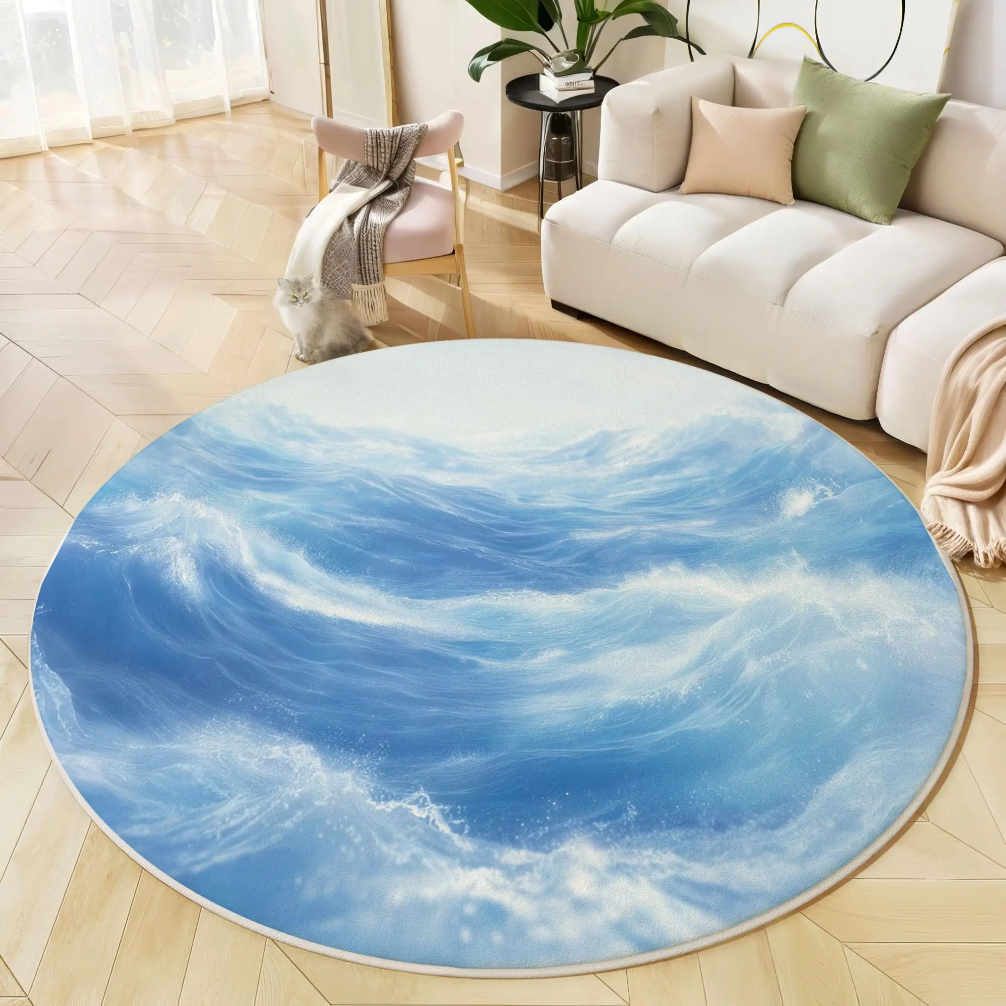 Round Ocean Wave Rug Blue Sea Water Wave Abstract Art Print Home for Fresh Minimalist Living Room  Aesthetic Beautification