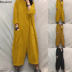 2024 Women's Casual Solid Jumpsuits Fashion Stand Collar Long Sleeve Multi Pocket Shirt Rompers Females Loose Wide Leg Overalls