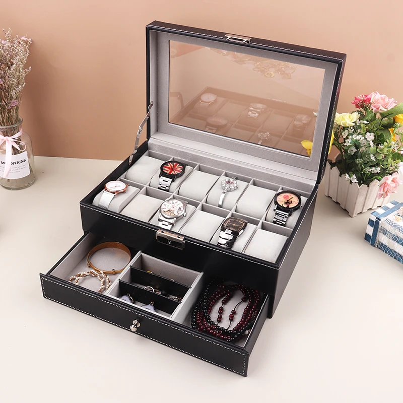 12 Grids Watch Box PU Leather Watch Case Holder Organizer Storage Box for Quartz Watches Jewelry Boxes Display Best Gift