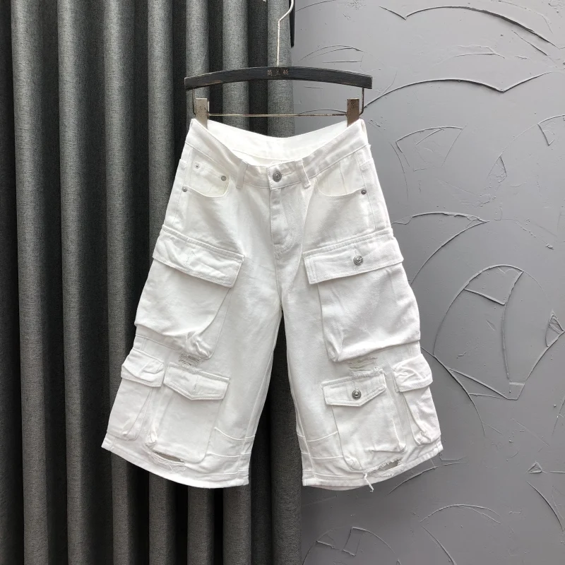 

European style seven point casual women's summer personality three-dimensional pocket straight leg wide leg denim pants