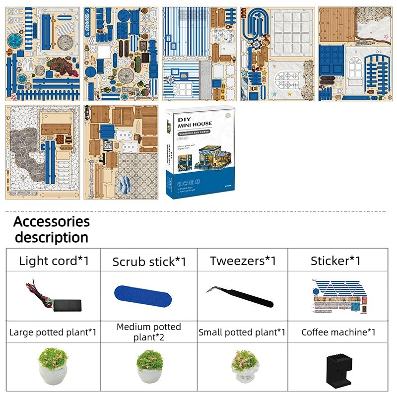 نموذج خشبي ثلاثي الأبعاد جديد لبيت القهوة يعمل بالطاقة الشمسية للتجميع اليدوي، مكعبات خشبية تعليمية، هدية للأولاد والبنات