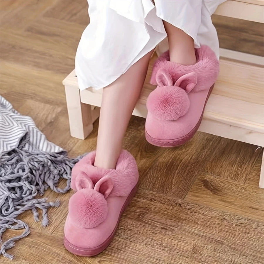 Plush rabbit men and women lovers winter warm wooden floor thickened indoor warm slippers Plush cotton slippers thick bottom, me image 2