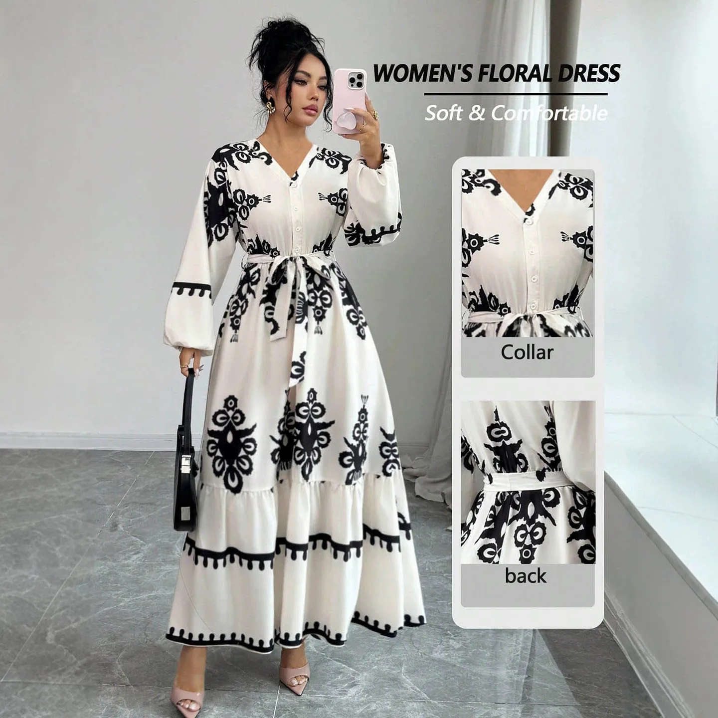 Ethnic Print Maxi Clothes, V-neck Single-breasted Lantern Sleeves, Tie-waist Ruffled Hem, Women's Clothes Clothing