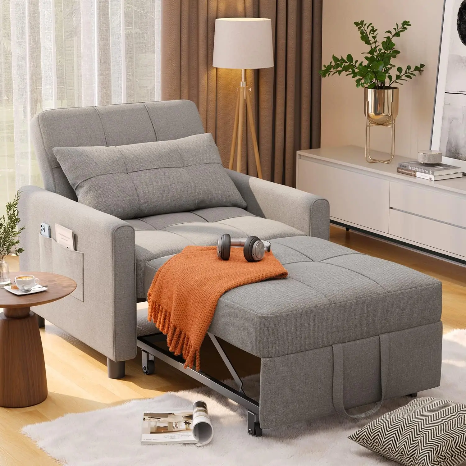 Sofa Chair Bed, Convertible Sofa Chair 3-in-1, Adjustable Sleeper Chair Pullout Sofa Bed with Modern Linen Fabric for Living Roo