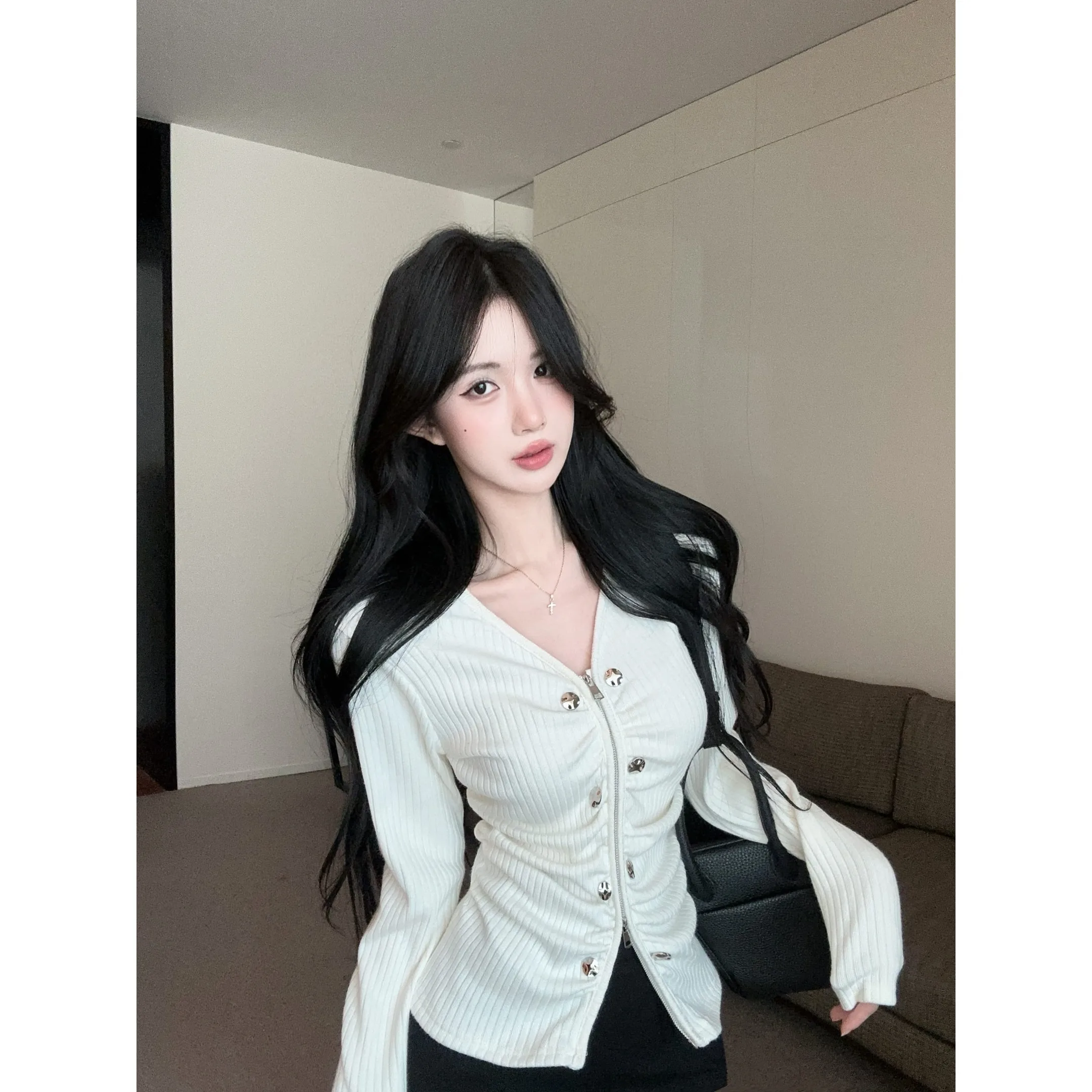 

Стильная осенне-зимняя женская приталенная рубашка с V-образным вырезом, длинным рукавом и двойной молнией, модный открытый кардиган из мягкого хлопкового смесового материала