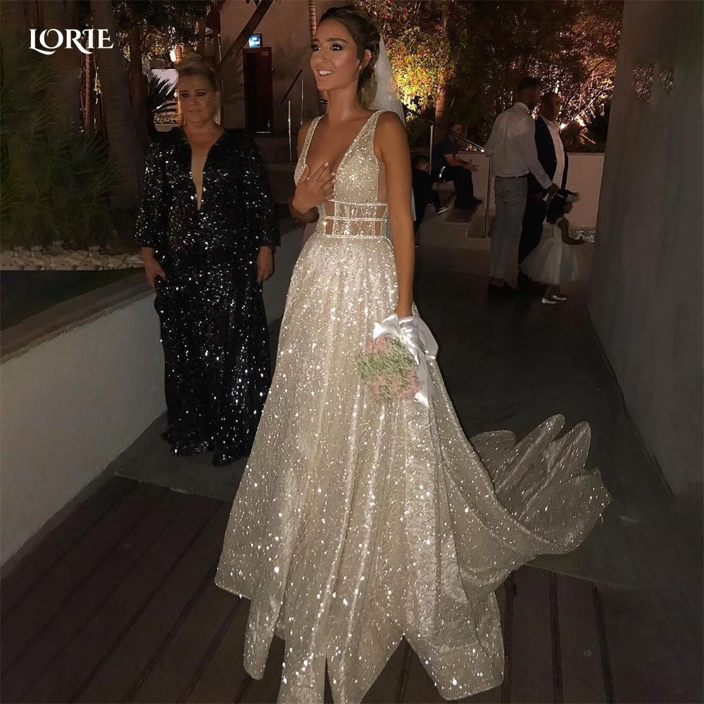 LORIE Spark Bohemia Wedding Dresses Low-Cut V-Neck Glitter Sleeveless Bridal Gowns Shiny A-Line Bride Dress vestidos de novia