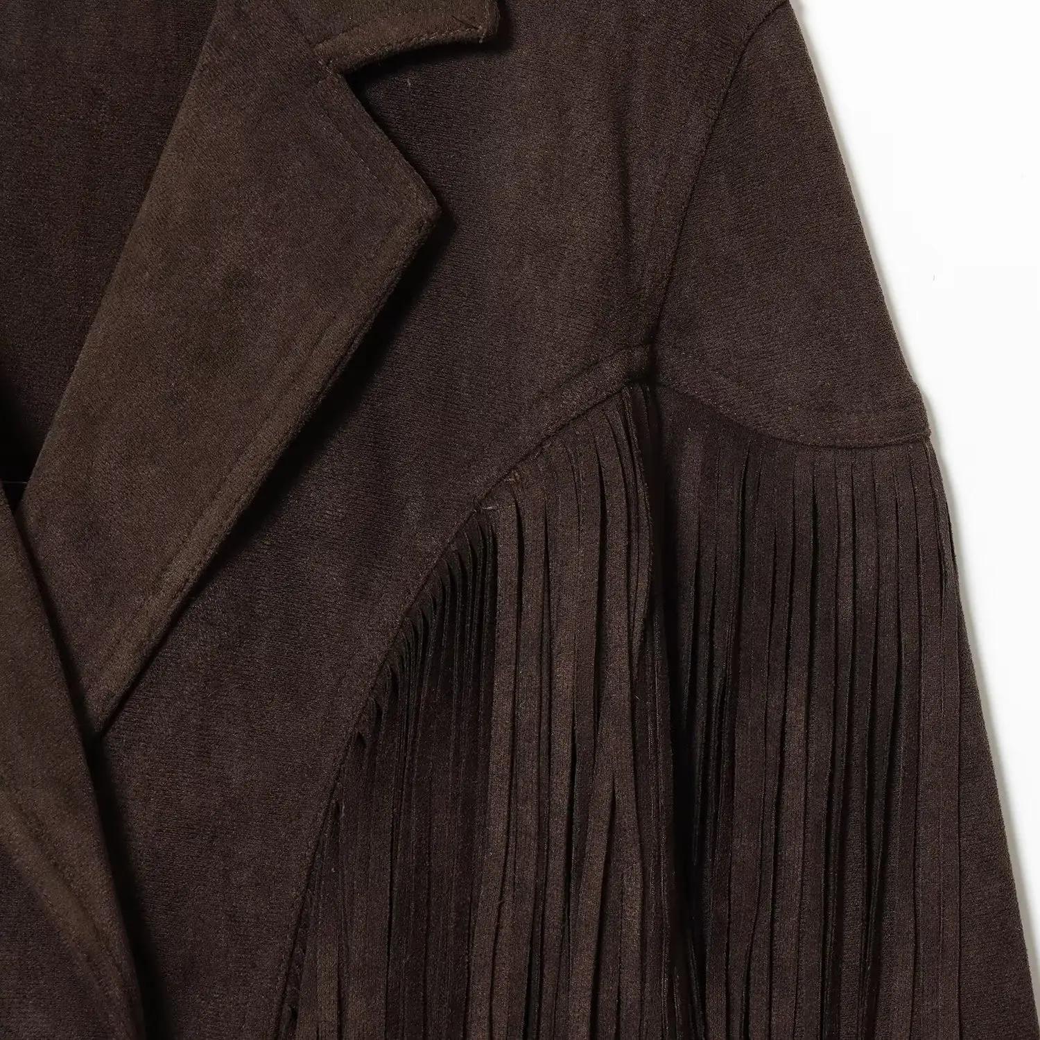 

KASLEAD Faionable Tassel Trim Faux Suede Jaet Women's ort Outerwear Long Sve Double Breasted Polyester Fiber