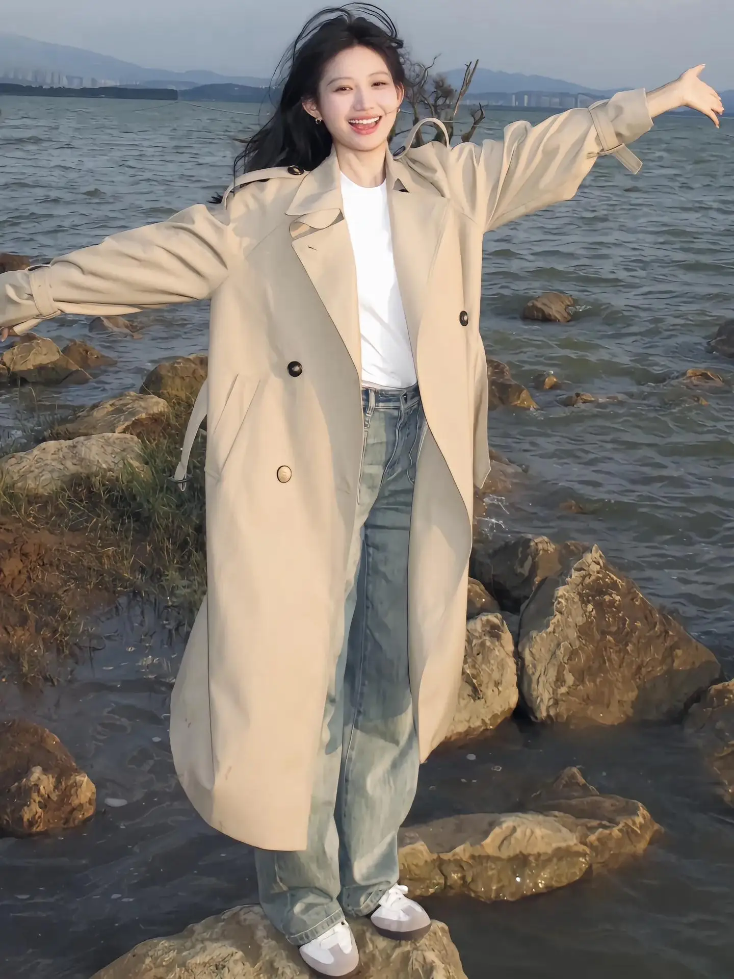 

Brown Trench Women'S Fashionable Raincoat Plush Waist-Collecting Drawstrings Textured Premium Business Ropa Outer Drapey Sizes