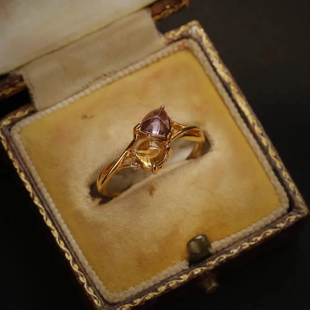 

Vintage Unique inlay Diamond Two tone Purple and Yellow Gem rings for women Fashion Light Luxur ring Couple Jewelry Gifts