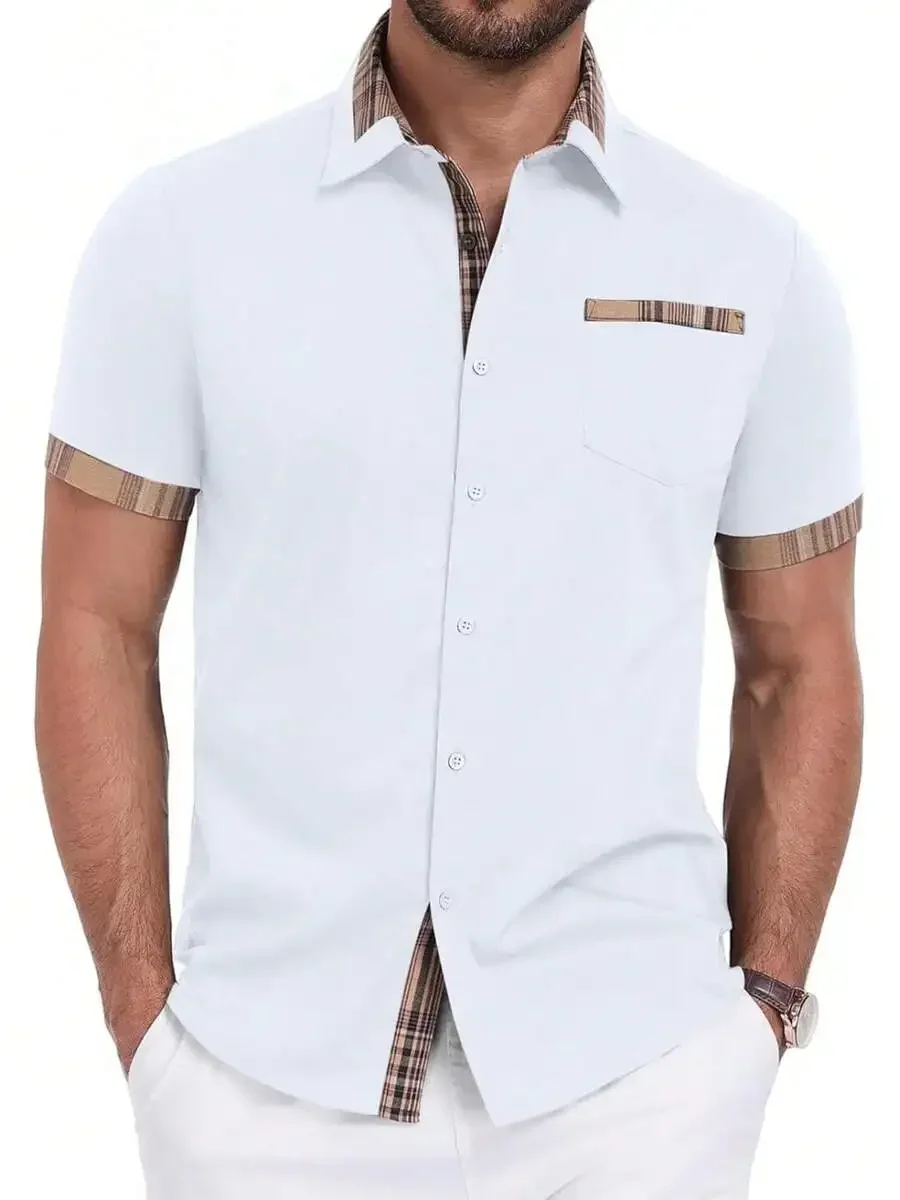 

Mens Short Sleeve Button-Down Shirt With Plaid Collar And Cuffs, Casual Lightweight Top