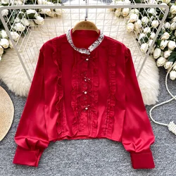 Hotsweet Stand Collar Sexy Long Sleeve Chic Sequins Single Breasted Loose Satin Top Fashion Streetwear High Street Autumn Blouse