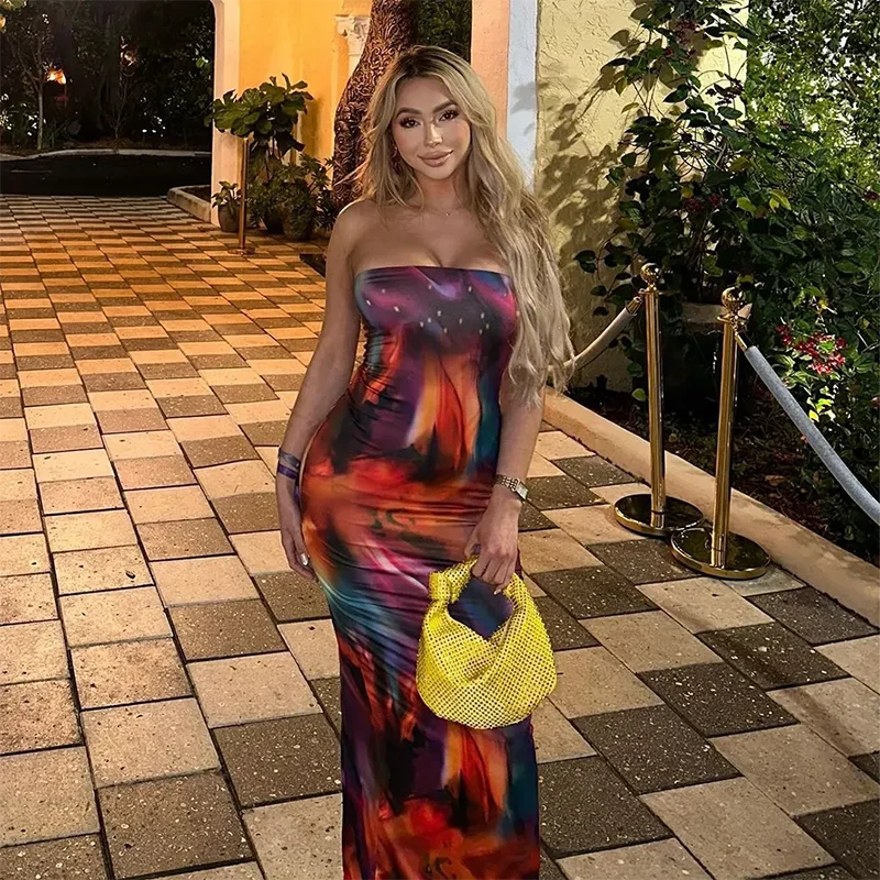 فستان نسائي مكشوف الكتفين من Cuteova ، فستان صيفي طويل مكشوف الكتفين ، طباعة صبغة ربطة عنق ، بدون أكمام ، عاري الظهر ، فستان حفلات طويل ، شاطئ ، صيف ،