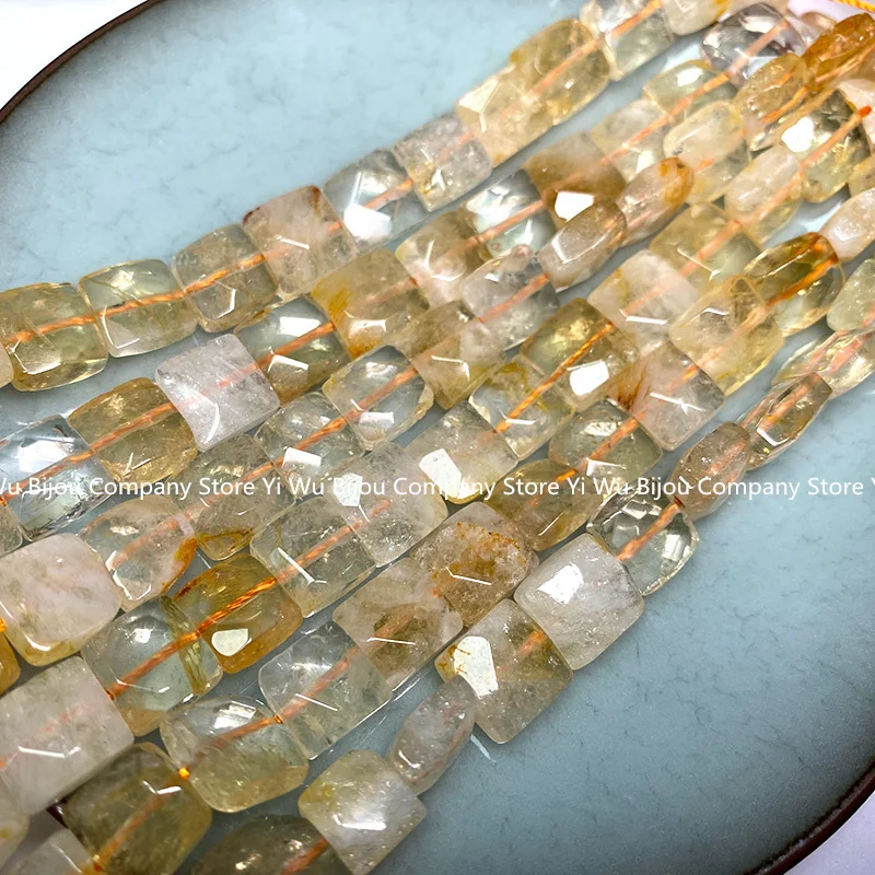 Natural Stone 10x10MM Flat Square Yellow Citrine Faceted Crystal Loose Spacer Beads for Jewelry Making Diy Bracelet Accessories