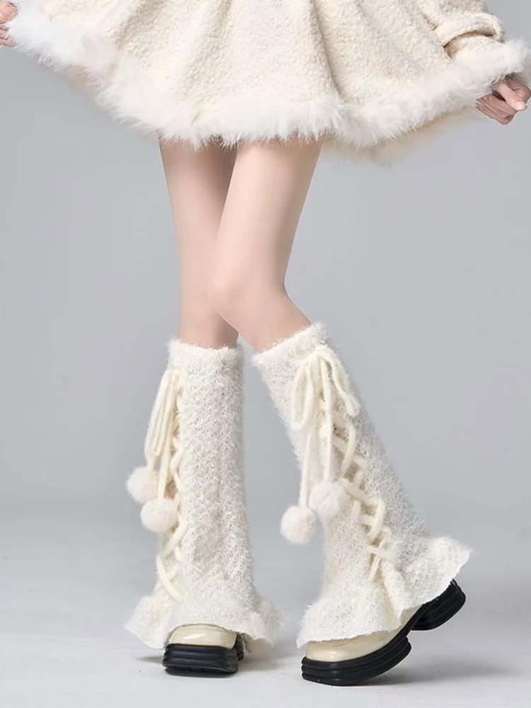 Y2k Aesthetic Knitted Solid Grunge Flare Leg Warmers Socks Women Sweet Bandage Girls Knee High Boots Cover Streetwear Autumn