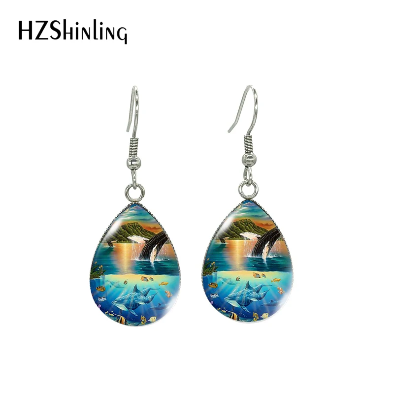 2023 New Arrival Fashion Dolphins Turtles Seahorses Seals Marine Animals Handcraft Glass Cabochon Tear Drop Dangle Earrings